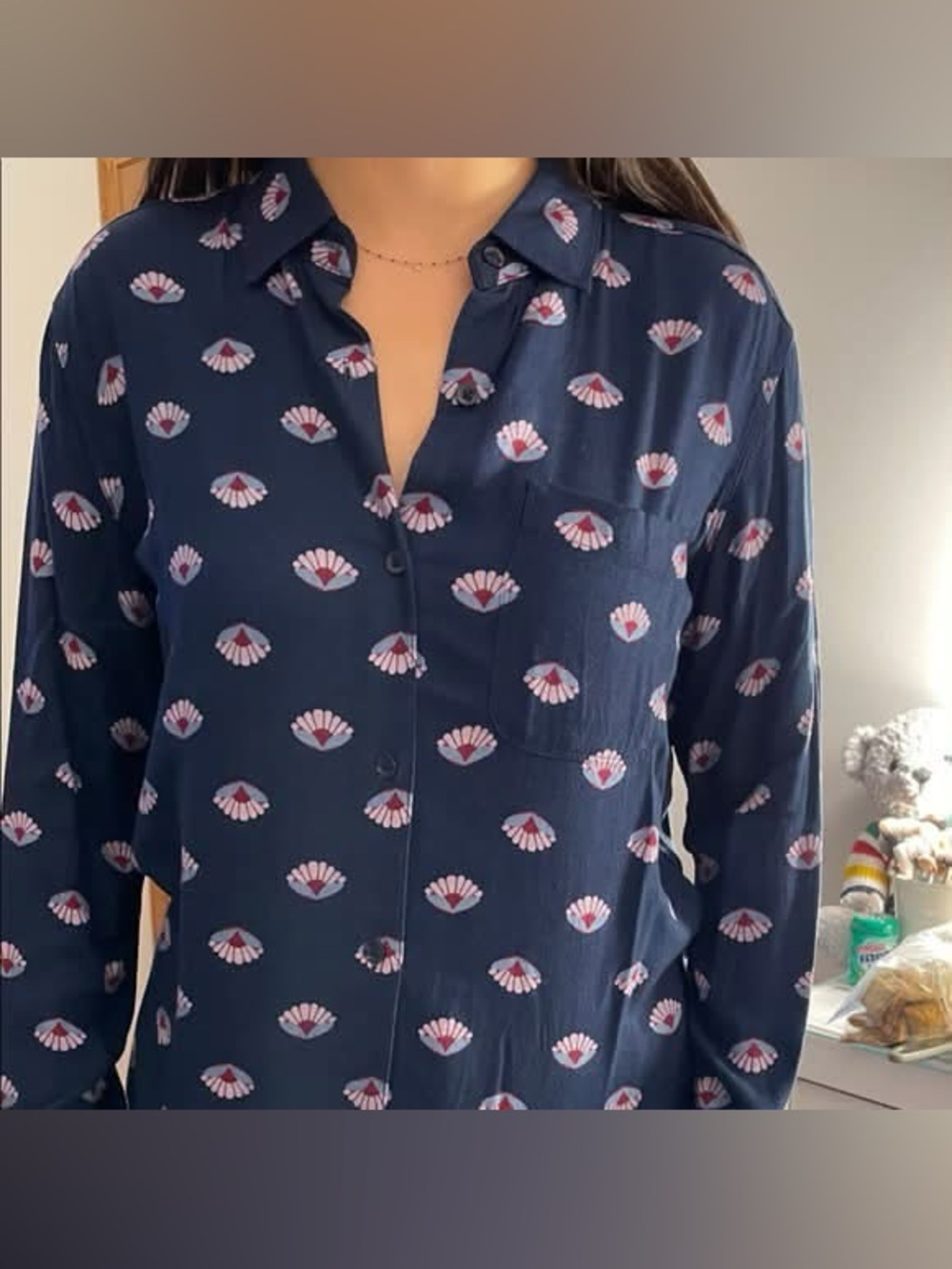 SUNDAY BEST (Aritzia) Navy Printed Long Sleeve Button Up blouse. XS